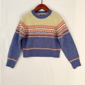 90s Vintage True Mark 100% Wool Blue Green Orange Fair Isle Crop Sweater Large